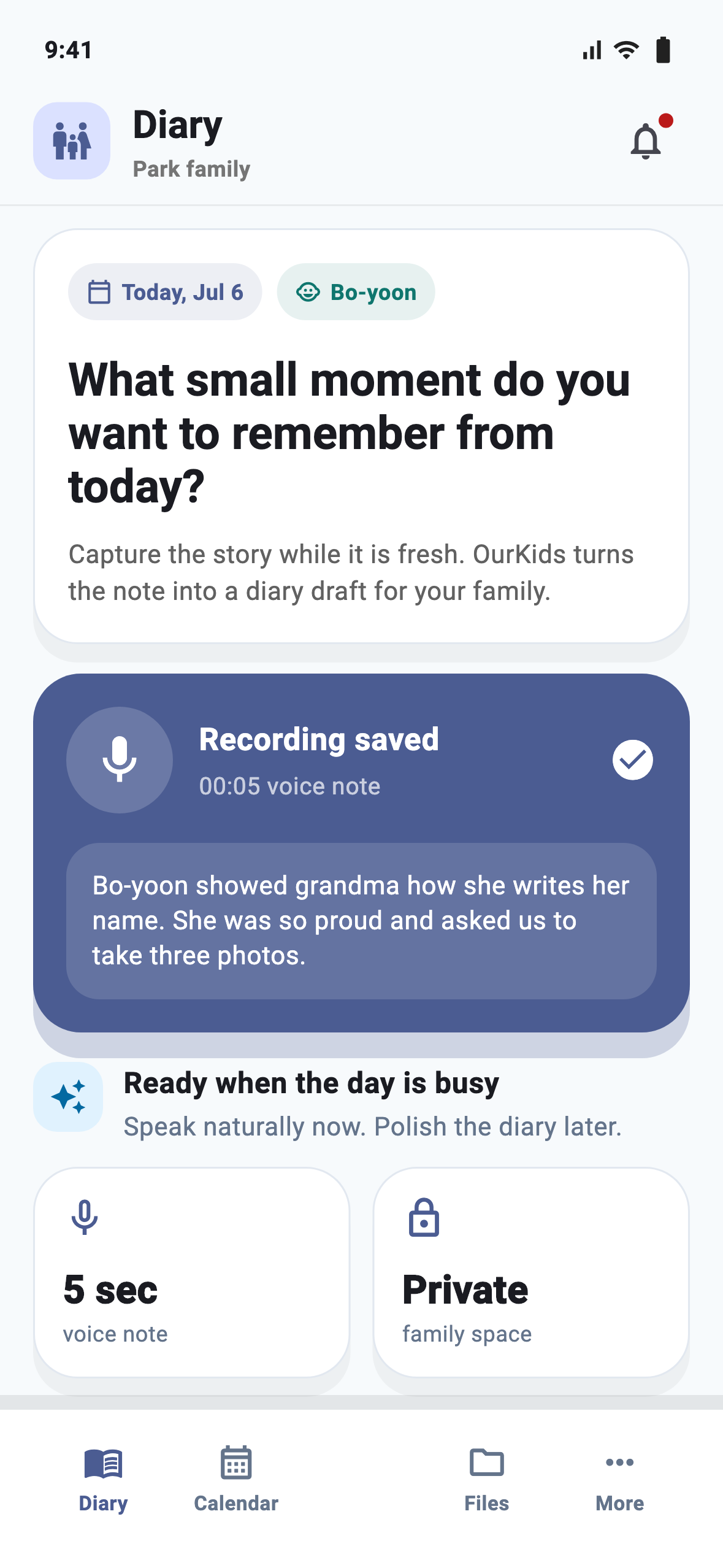 OurKids daily diary capture screen with a parent voice note prompt