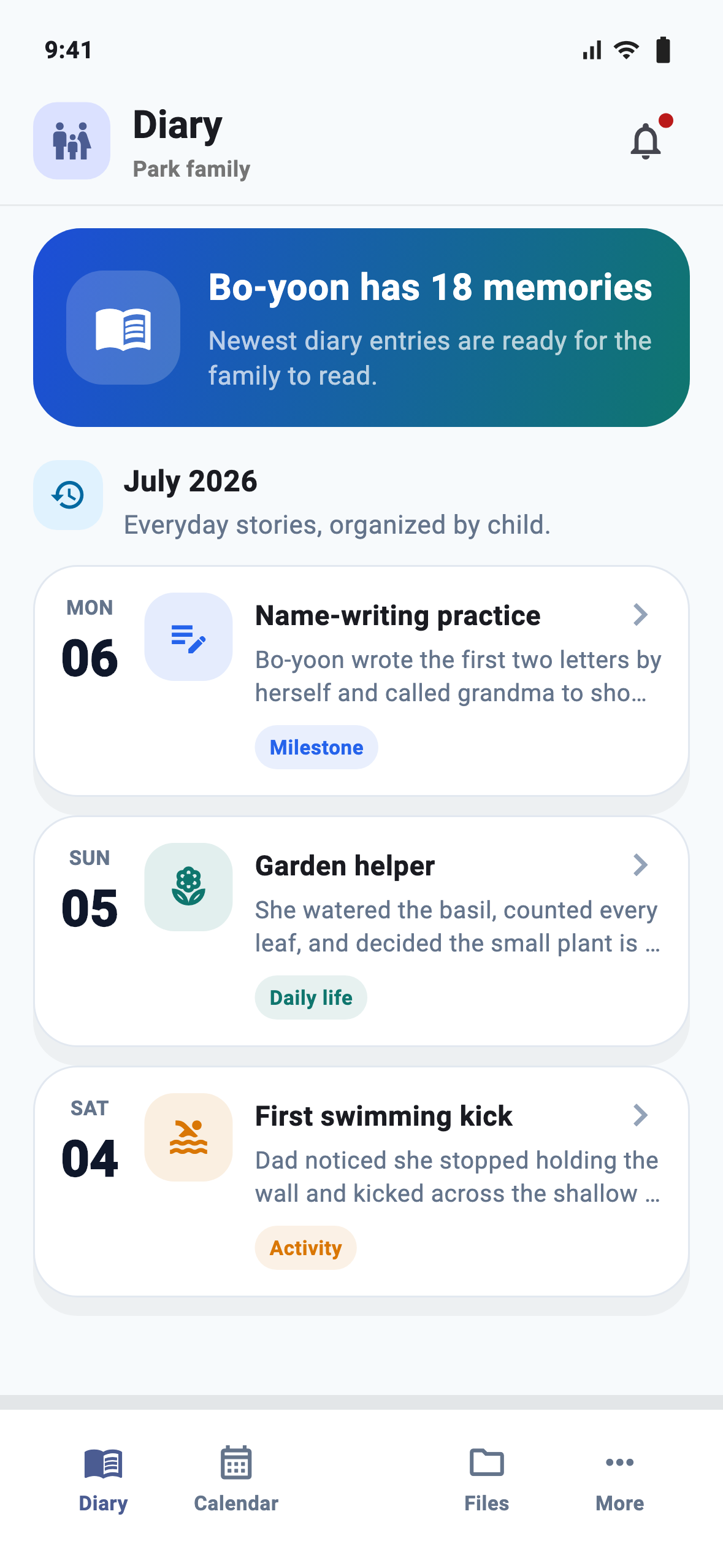 OurKids diary timeline screen organized by child and date