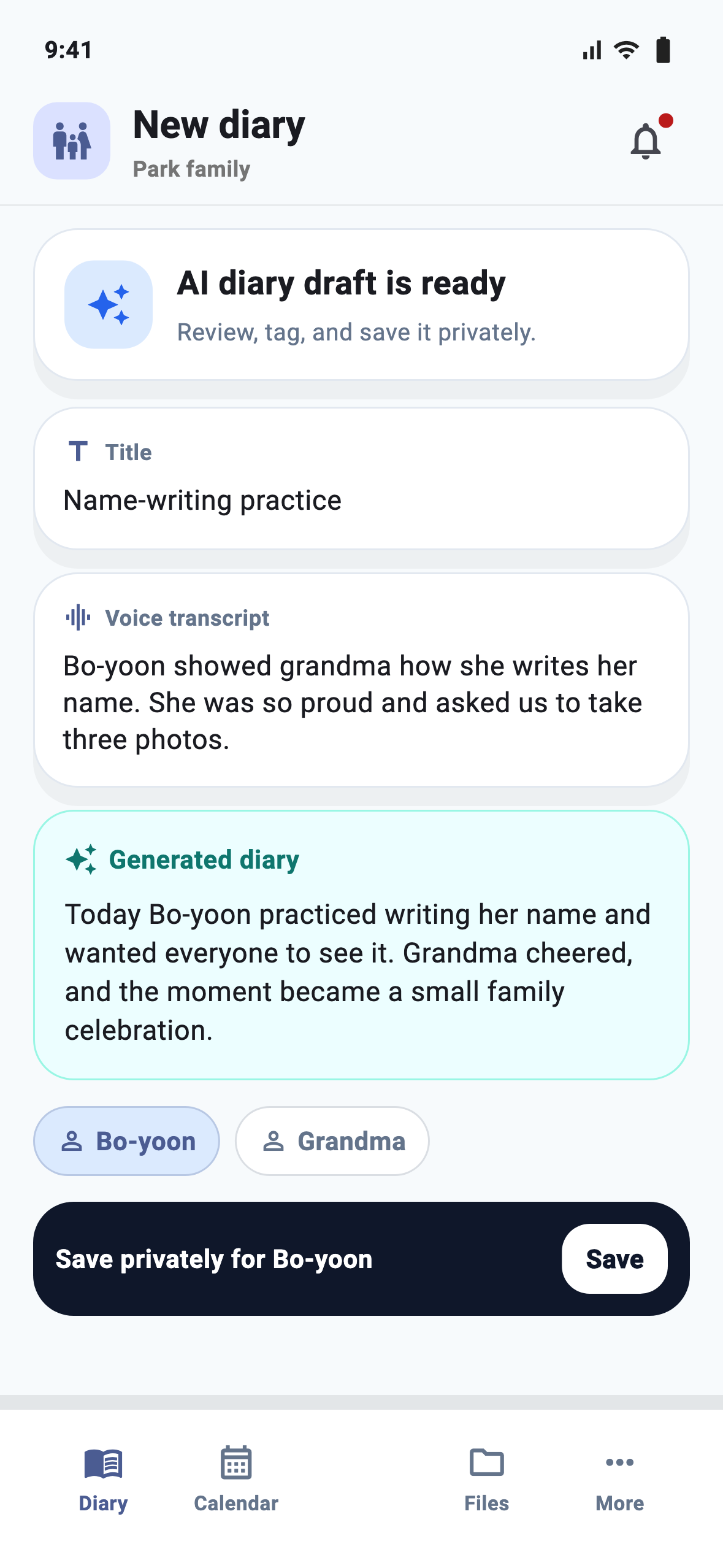 OurKids voice diary draft screen generated from a short parent recording